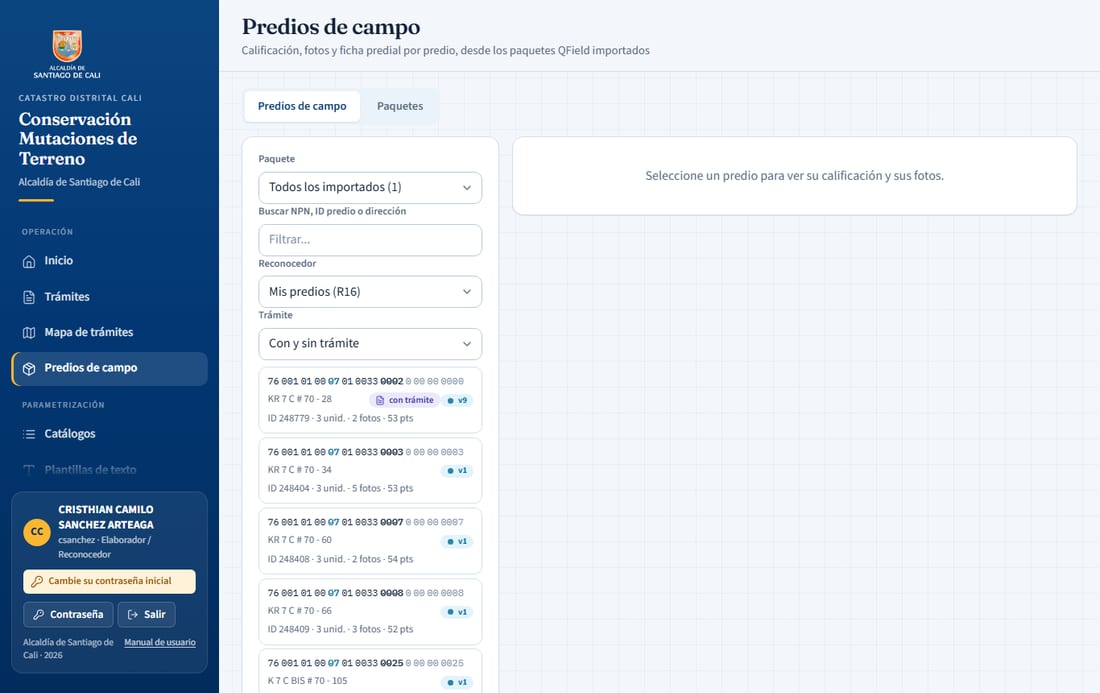 Lista de predios de campo